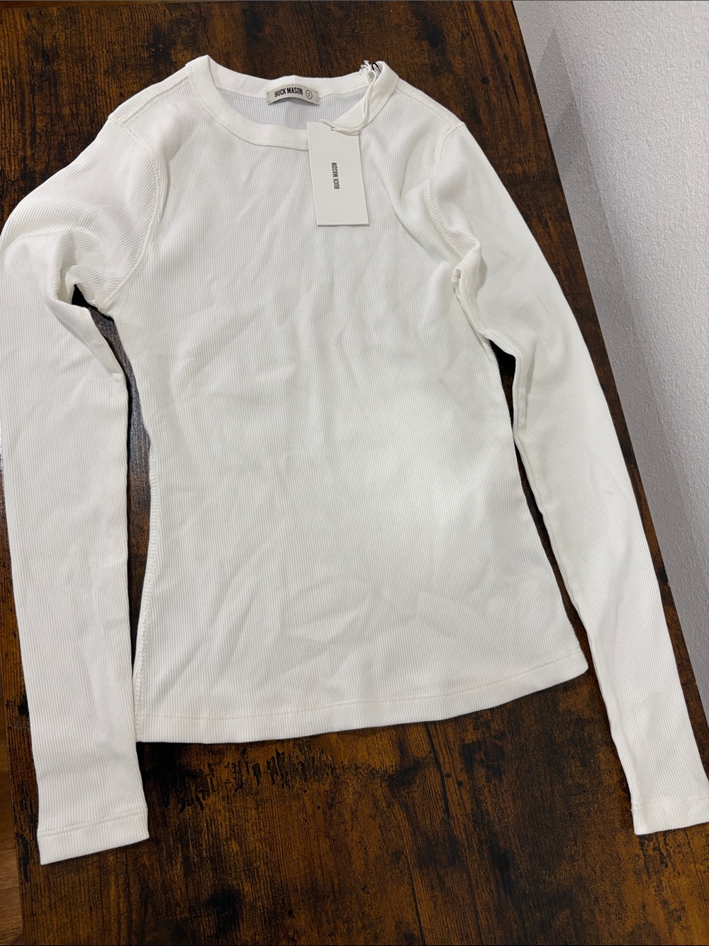 Buck Mason Women’s White Rib Long Sleeve Crew Shirt Size Small Retail $88